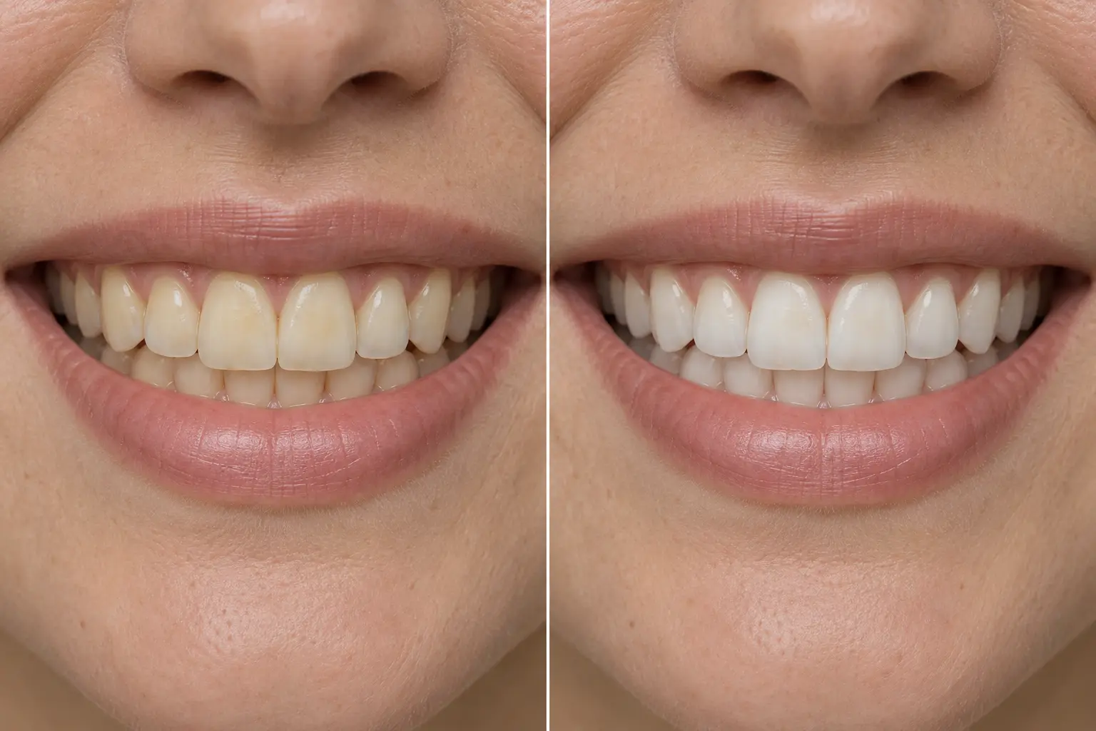 Simulação ilustrativa de antes e depois do clareamento dental