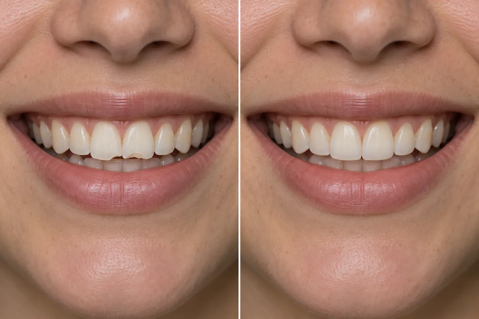 Simulação ilustrativa de antes e depois de restauração estética em resina